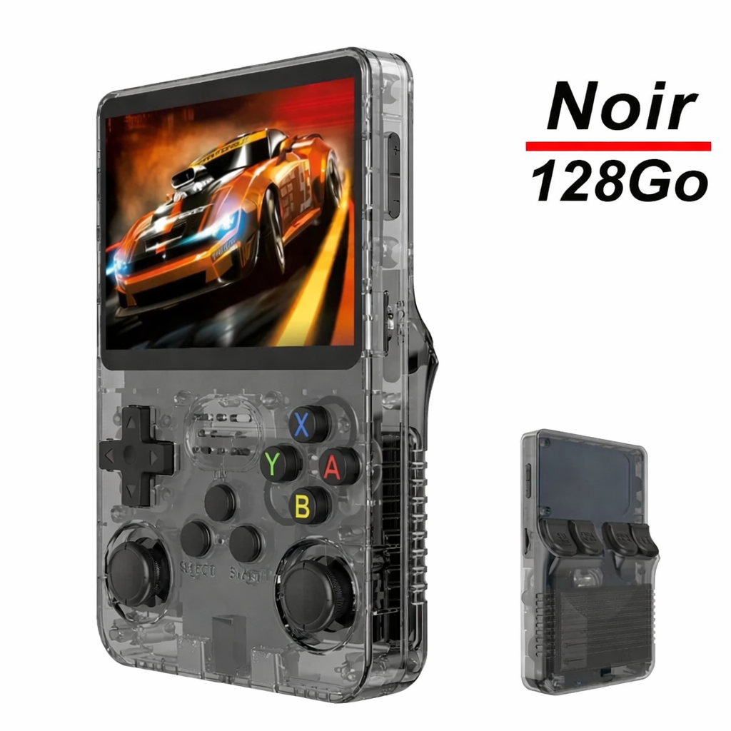 Console rétro portable R36S couleur noire avec 128 Go de stockage, écran IPS 3,5 pouces, présentée de face et de dos