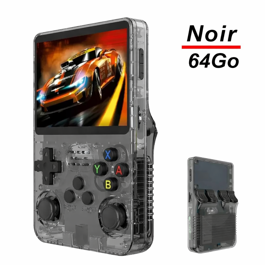 Console rétro portable R36S noire avec 64 Go de stockage, écran IPS 3,5 pouces, présentée de face et de dos
