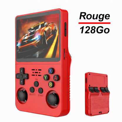 Console rétro portable R36S rouge avec 128 Go de stockage, écran IPS 3,5 pouces, présentée de face et de dos