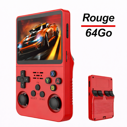 Console rétro portable R36S rouge avec 64 Go de stockage, écran IPS 3,5 pouces, présentée de face et de dos