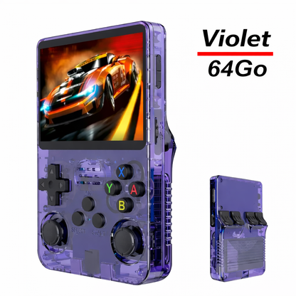Console rétro portable R36S violette avec 64 Go de stockage, écran IPS 3,5 pouces, présentée de face et de dos