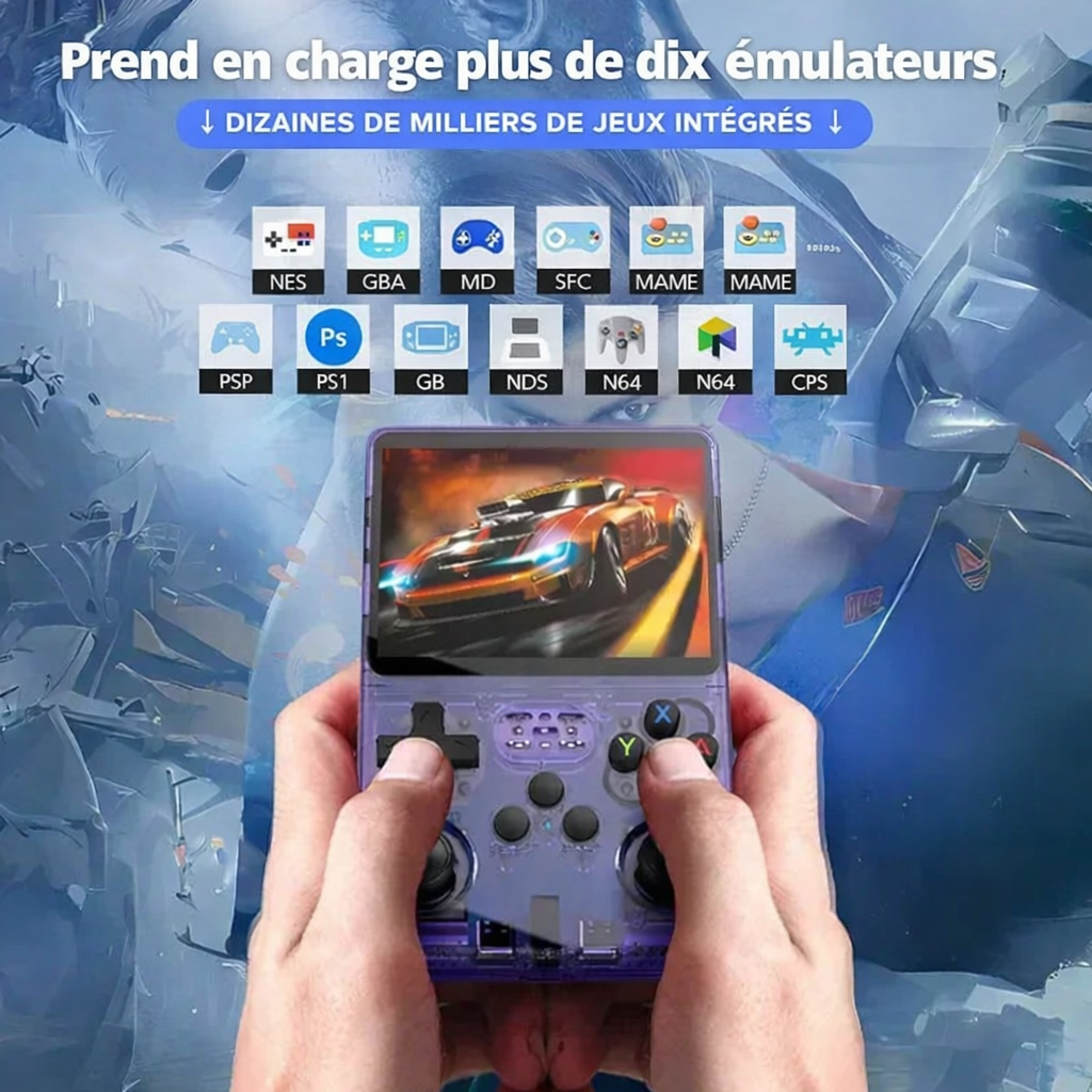 Console rétro portable R36S prenant en charge plus de dix émulateurs avec des dizaines de milliers de jeux intégrés, affichée en utilisation avec écran IPS 3,5 pouces