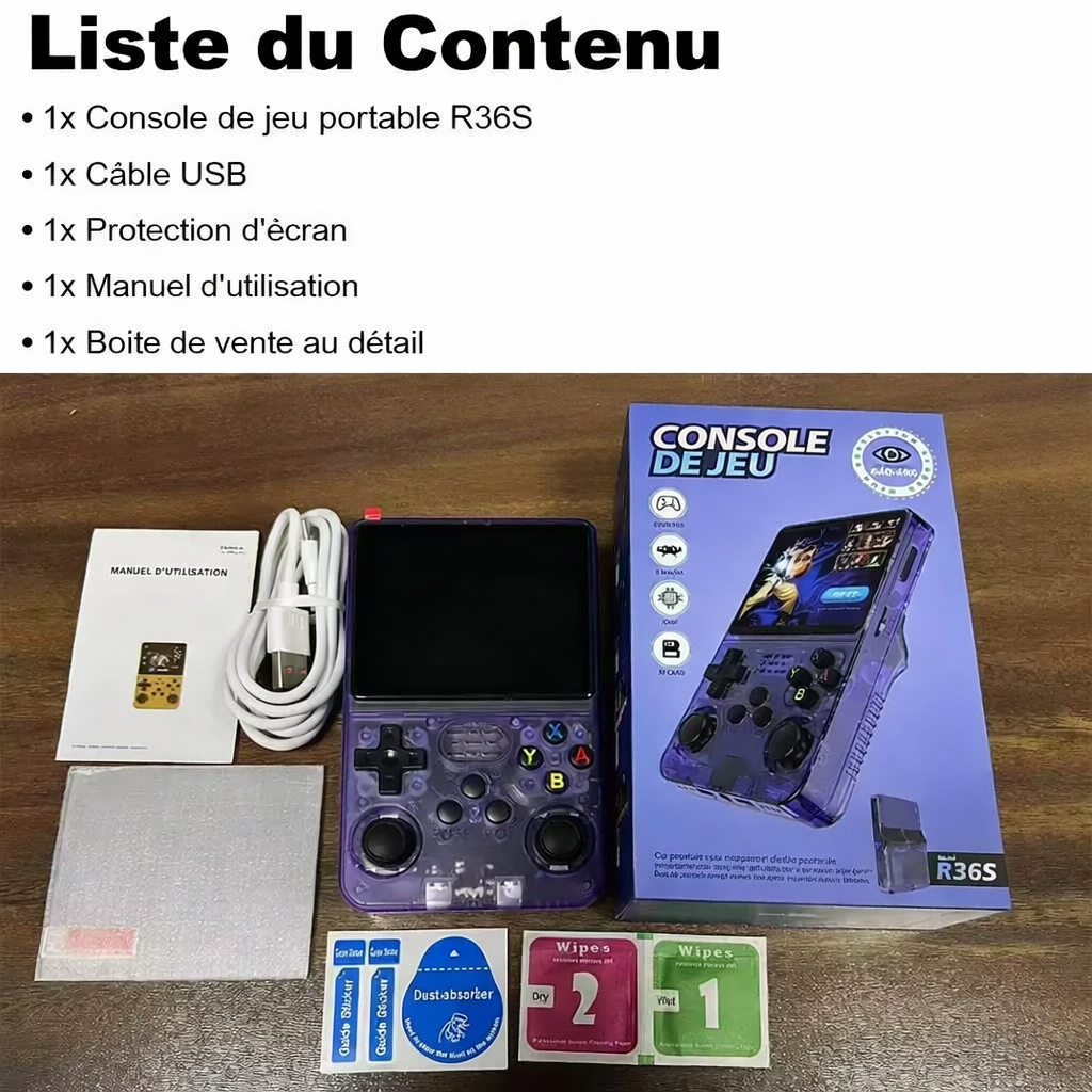 Contenu de la boîte de la console rétro portable R36S comprenant la console, un câble USB, une protection d’écran, un manuel d’utilisation et la boîte de vente