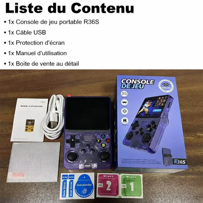 Contenu de la boîte de la console rétro portable R36S comprenant la console, un câble USB, une protection d’écran, un manuel d’utilisation et la boîte de vente