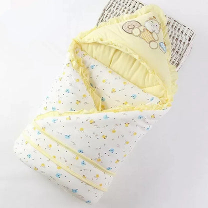 Couverture d’emmaillotage bébé en coton jaune avec capuche brodée, motif animaux, chaude et douce pour nouveau-né, idéale pour l’hiver et le sommeil