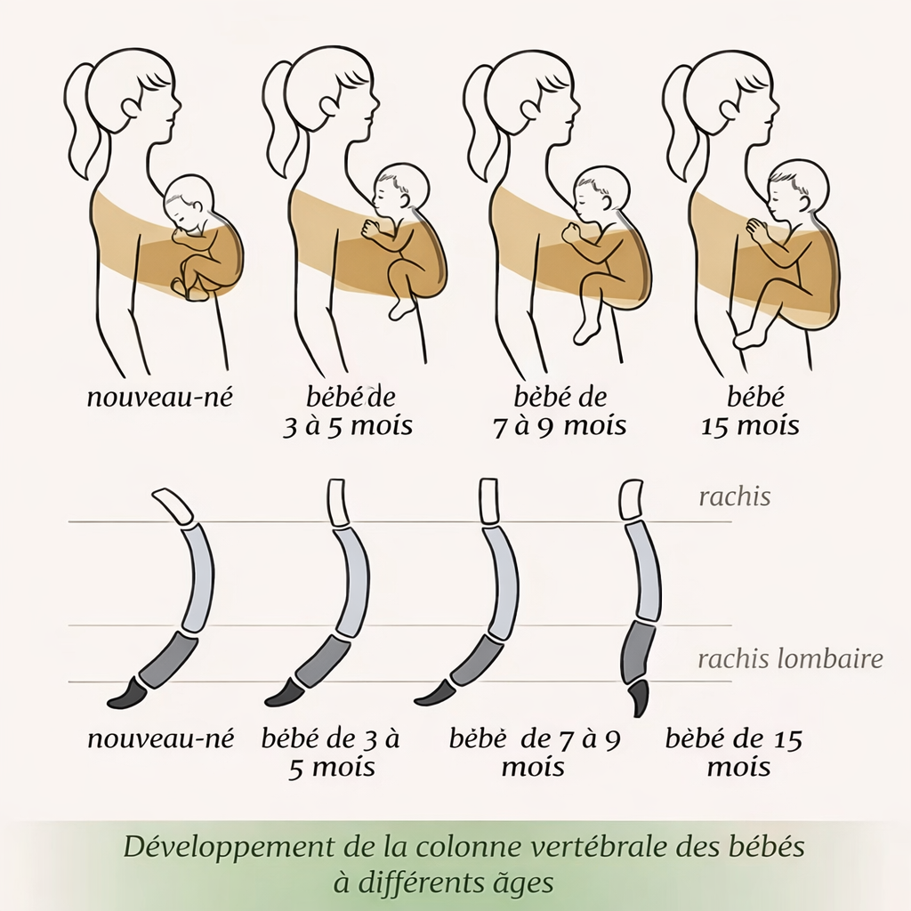 Schéma illustrant le développement de la colonne vertébrale du bébé selon l’âge, du nouveau-né à 15 mois