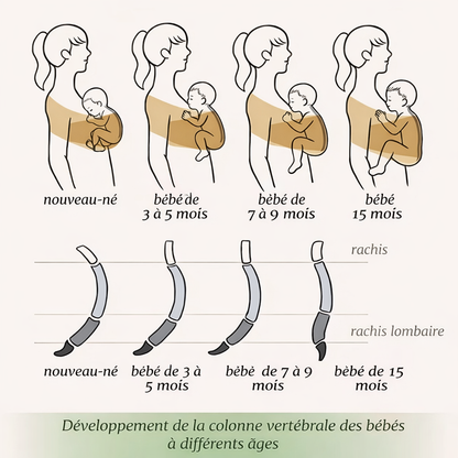 Schéma illustrant le développement de la colonne vertébrale du bébé selon l’âge, du nouveau-né à 15 mois