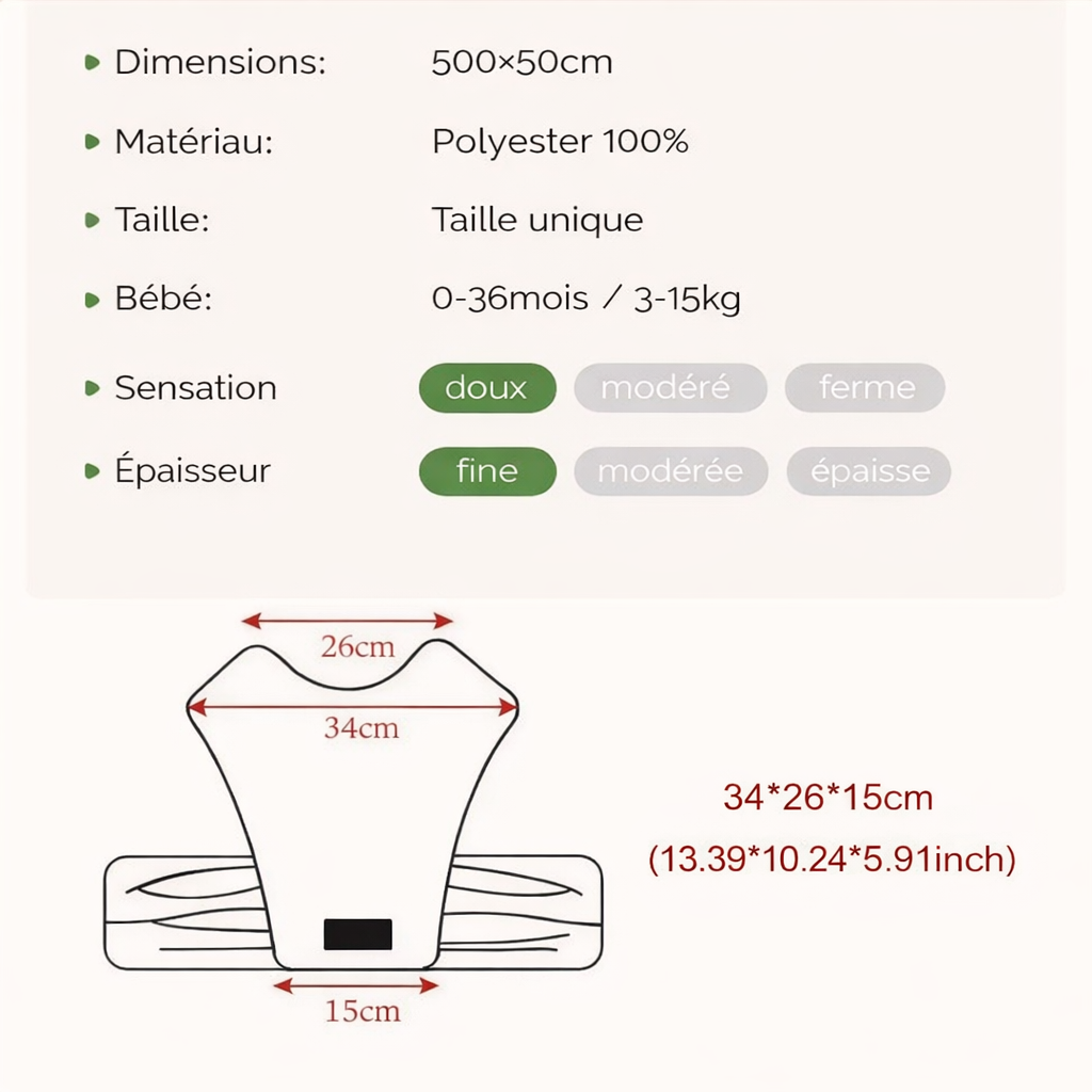 Dimensions et caractéristiques de l’écharpe de portage bébé : taille unique, tissu doux et dimensions détaillées