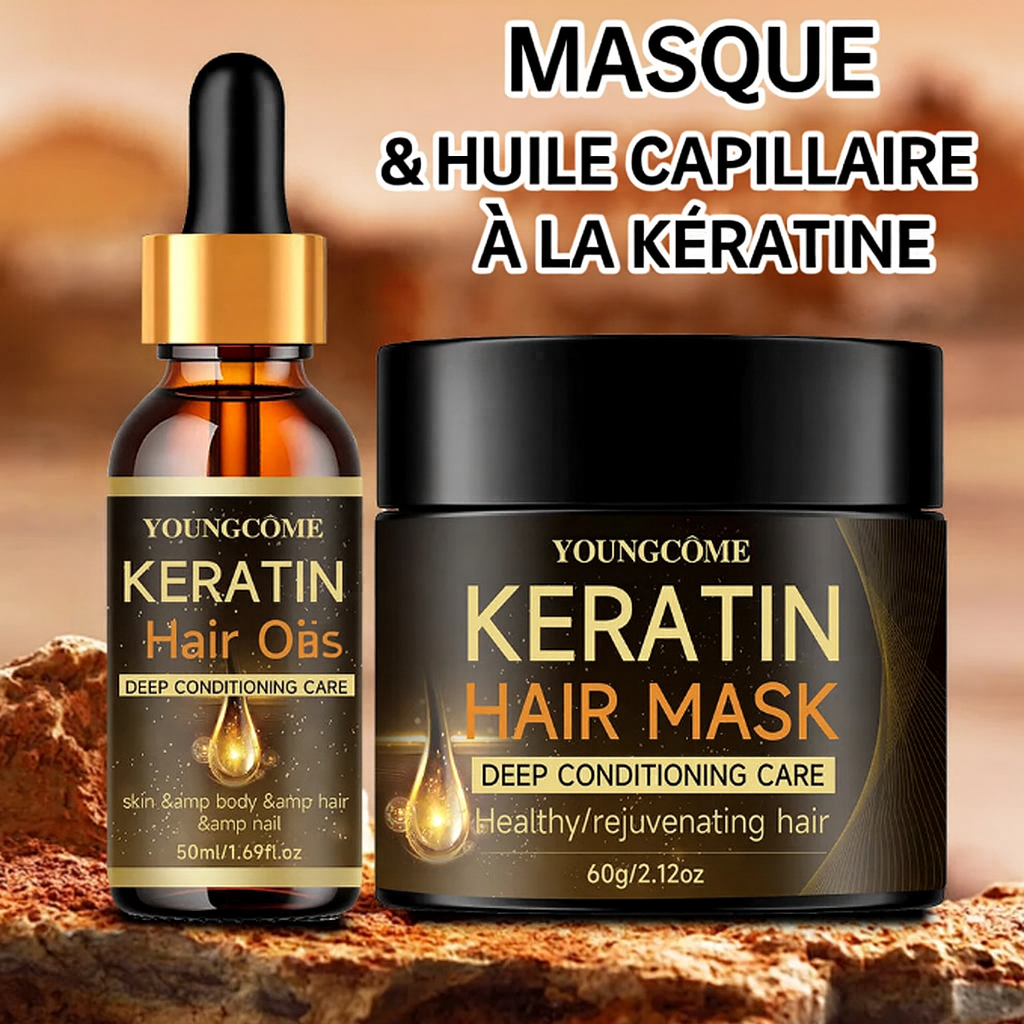 Duo de soins capillaires à la kératine YoungCome : huile capillaire et masque réparateur pour cheveux secs et abîmés