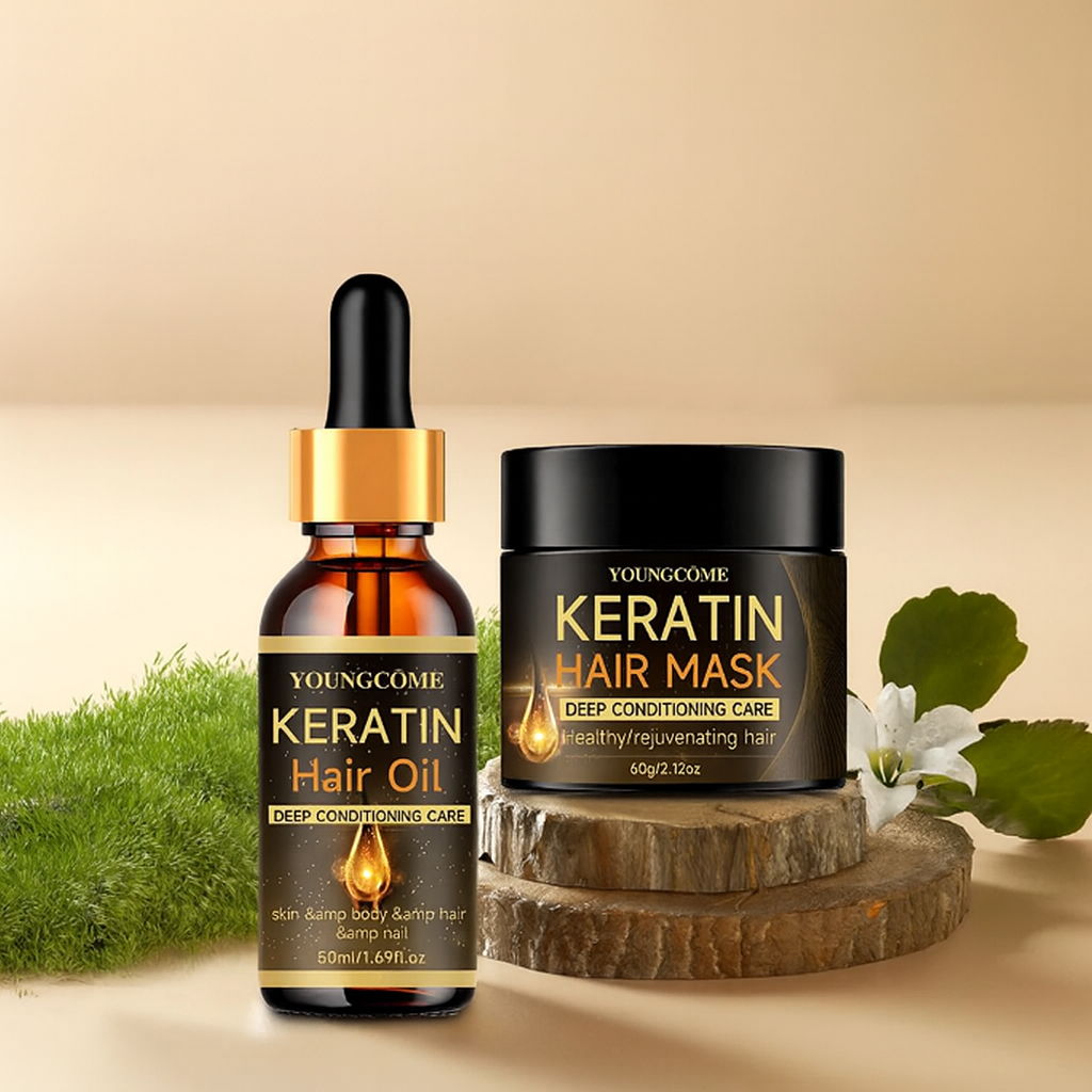 Duo de soins capillaires à la kératine YoungCome avec huile et masque réparateurs, présentés sur un fond nature