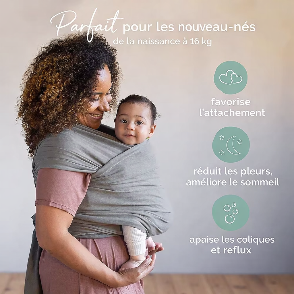 Bébé porté en écharpe de portage en coton extensible, favorisant l’attachement, réduisant les pleurs et apaisant les coliques dès la naissance