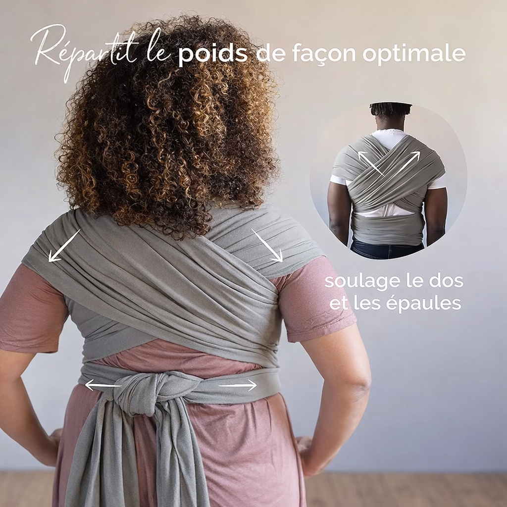 Écharpe de portage bébé en coton extensible vue de dos, répartissant le poids de façon optimale et soulageant le dos et les épaules