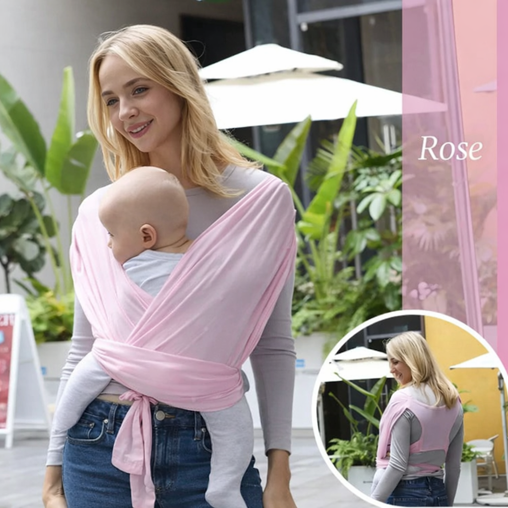 Maman portant son bébé en écharpe de portage rose, porte-bébé ventral confortable et sécurisé