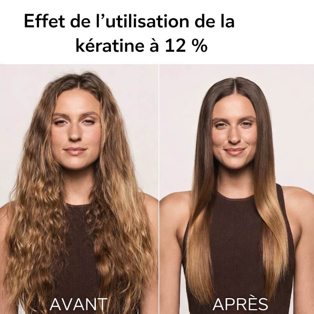 Résultat avant et après du traitement à la kératine PURC 12 %, montrant un effet lissant et disciplinant sur les cheveux