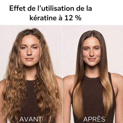 Résultat avant et après du traitement à la kératine PURC 12 %, montrant un effet lissant et disciplinant sur les cheveux
