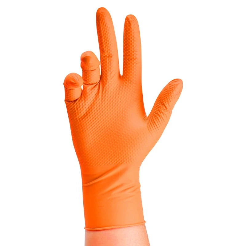 Gant jetable en nitrile orange 8 mil avec texture diamant antidérapante, offrant une excellente adhérence et une haute résistance pour travaux industriels et mécaniques