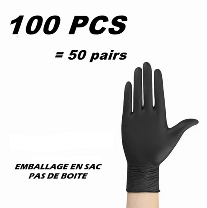 Gants jetables en nitrile noir 100 pièces soit 50 paires, emballage en sac sans boîte, idéals pour nettoyage, mécanique, beauté, tatouage et usage professionnel.
