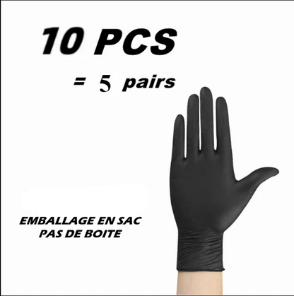 Gants jetables en nitrile noir 10 pièces soit 5 paires, emballage en sac sans boîte, adaptés au nettoyage, mécanique, beauté et usage domestique.