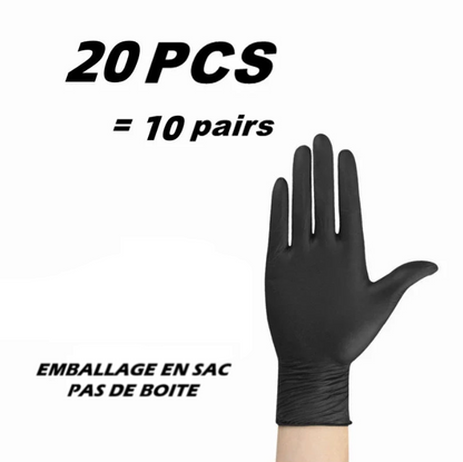 Gants jetables en nitrile noir 20 pièces soit 10 paires, emballage en sac sans boîte, idéals pour nettoyage, mécanique, beauté et usage domestique ou professionnel.