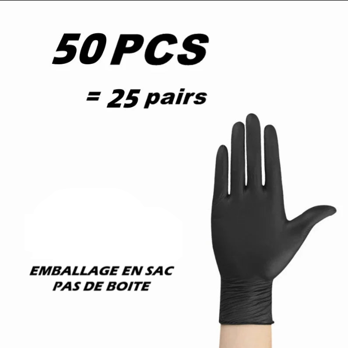 Gants jetables en nitrile noir 50 pièces soit 25 paires, emballage en sac sans boîte, adaptés au nettoyage, mécanique, beauté et usage professionnel.