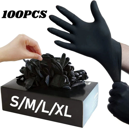 Boîte de 100 gants jetables en nitrile noir sans latex, tailles S M L XL, adaptés au nettoyage, mécanique, tatouage, coiffure et usage domestique.