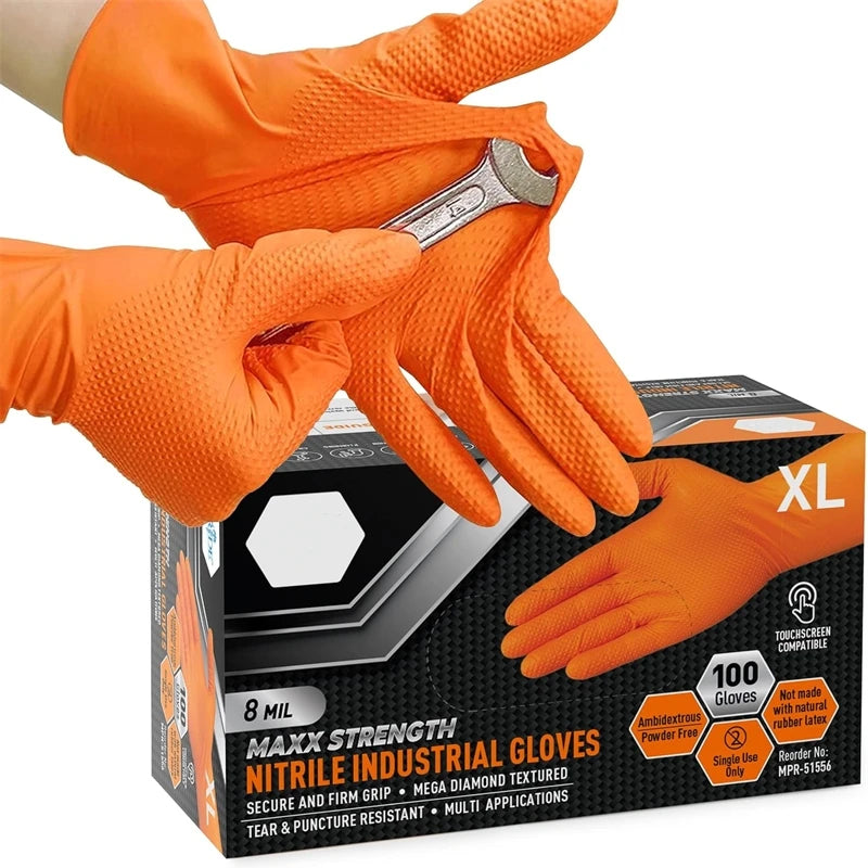 Gants jetables en nitrile orange 8 mil avec texture diamant antidérapante, haute résistance aux déchirures et perforations, idéals pour mécanique et usage industriel