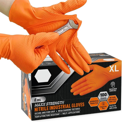 Gants jetables en nitrile orange 8 mil avec texture diamant antidérapante, haute résistance aux déchirures et perforations, idéals pour mécanique et usage industriel