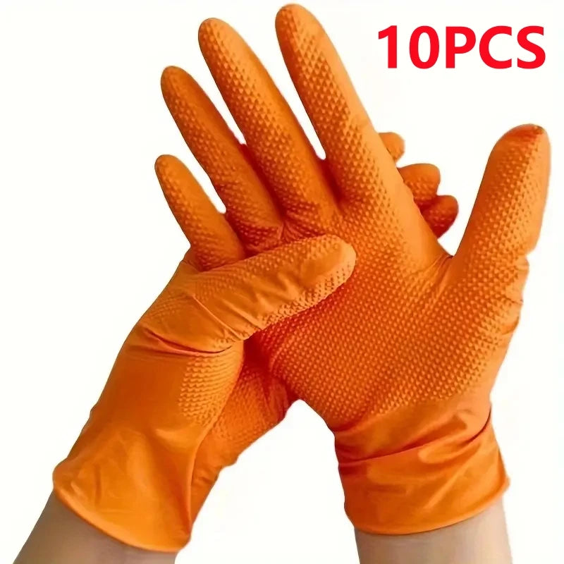 Lot de 10 gants jetables en nitrile orange 8 mil avec texture antidérapante, haute résistance pour travaux industriels et mécaniques