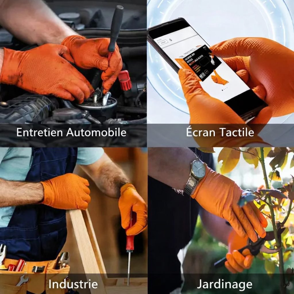 Gants jetables en nitrile orange 8 mil utilisés pour entretien automobile, écran tactile, travaux industriels et jardinage, offrant une adhérence antidérapante et une protection professionnelle