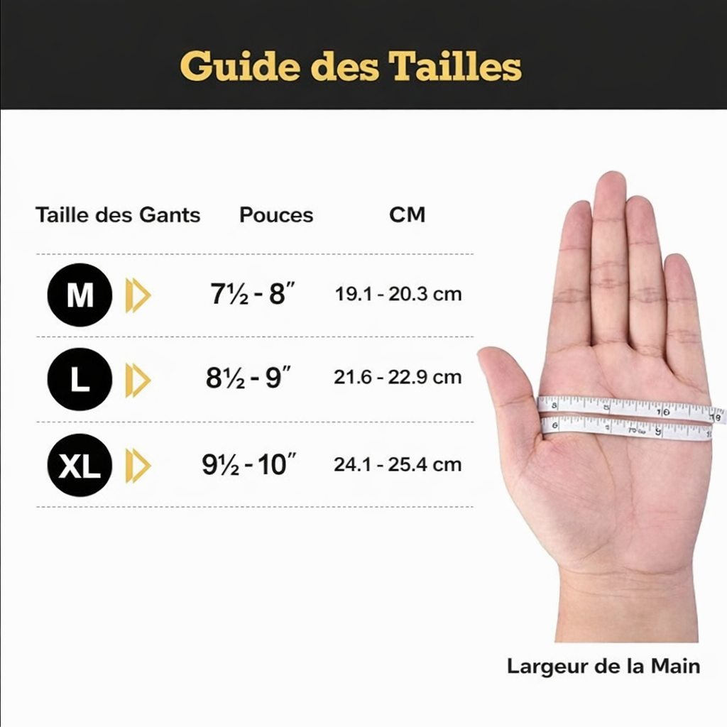Guide des tailles des gants en nitrile avec mesures en pouces et centimètres pour tailles M, L et XL, indiquant la largeur de la main