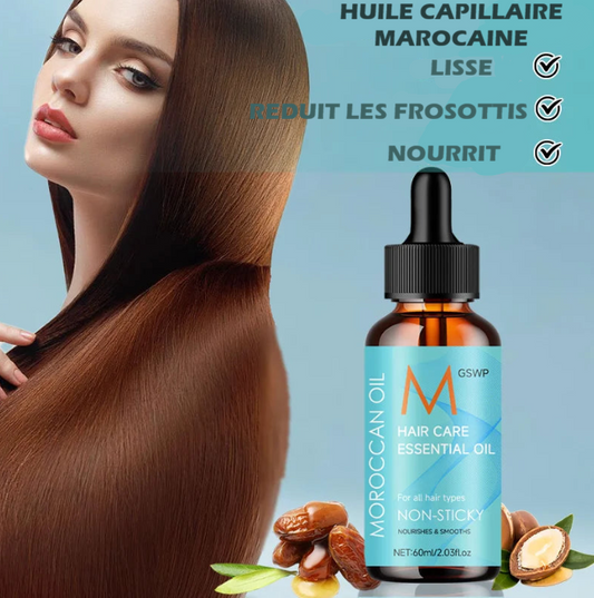 Huile capillaire marocaine à l’argan GSWP 60ml, soin nourrissant lissant qui réduit les frisottis et rend les cheveux doux et brillants.