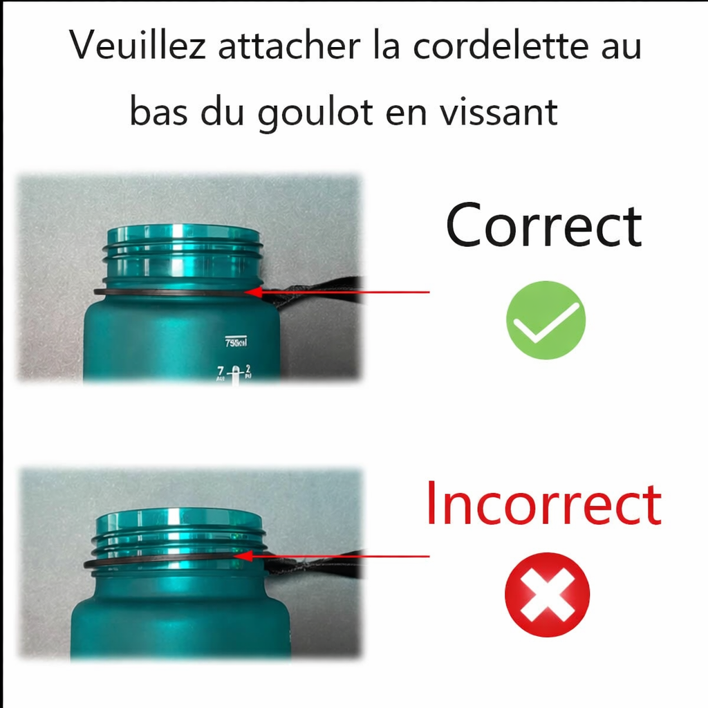 Guide visuel montrant la bonne et la mauvaise façon d’attacher la dragonne d’une gourde de sport, avec indication correct et incorrect, pour une installation sécurisée et anti-fuite