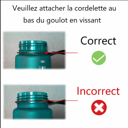 Guide visuel montrant la bonne et la mauvaise façon d’attacher la dragonne d’une gourde de sport, avec indication correct et incorrect, pour une installation sécurisée et anti-fuite