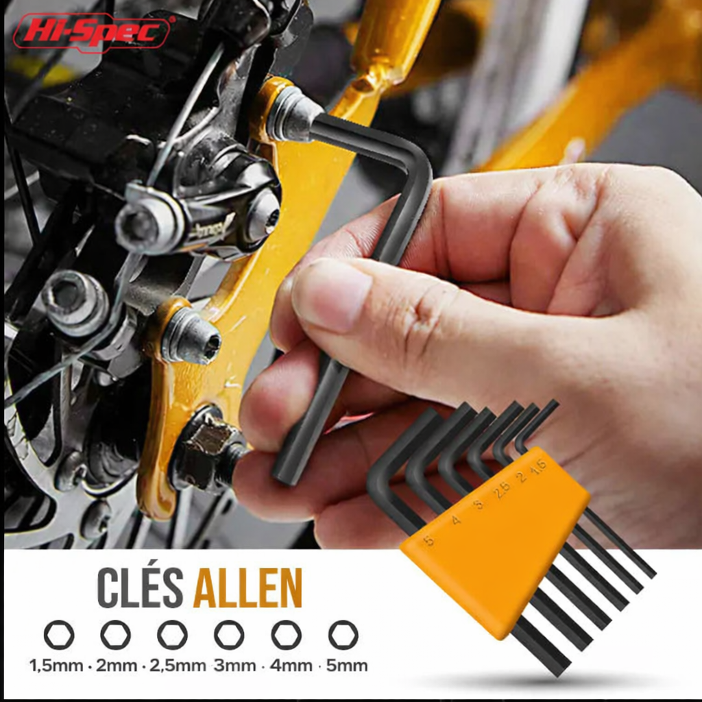 Jeu de 6 clés Allen Hi-Spec de 1,5 mm à 5 mm utilisé pour le réglage d’un vélo, avec support de rangement compact.