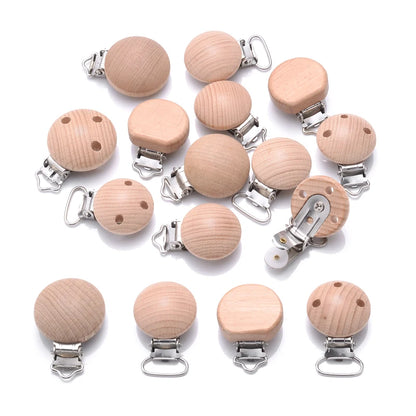 Lot de clips attache-tétine bébé en bois de hêtre naturel avec pinces en métal, différents modèles pour création de chaînes de tétine et dentition DIY