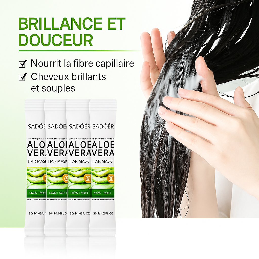Application du masque capillaire Sadoer à l’Aloe Vera, accompagné de visuels du produit, montrant ses bienfaits pour nourrir la fibre capillaire et rendre les cheveux brillants et souples