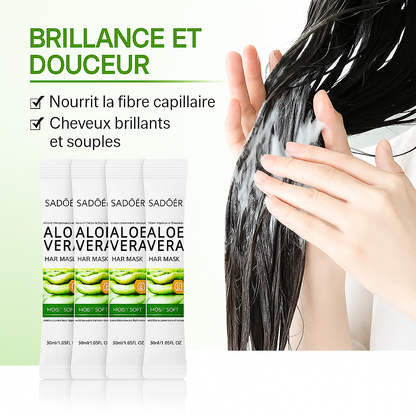 Application du masque capillaire Sadoer à l’Aloe Vera, accompagné de visuels du produit, montrant ses bienfaits pour nourrir la fibre capillaire et rendre les cheveux brillants et souples
