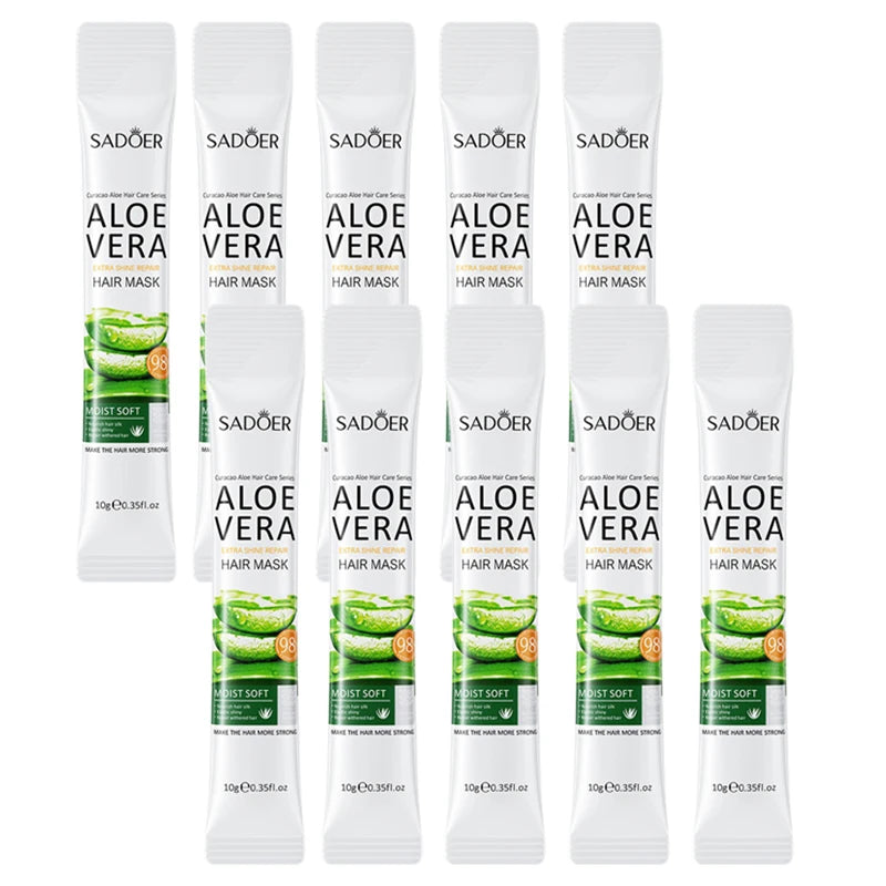 Lot de dix sachets individuels de masque capillaire Sadoer à l’Aloe Vera, idéal pour hydrater, réparer et adoucir les cheveux secs, abîmés ou ternes