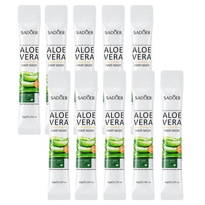 Lot de dix sachets individuels de masque capillaire Sadoer à l’Aloe Vera, idéal pour hydrater, réparer et adoucir les cheveux secs, abîmés ou ternes