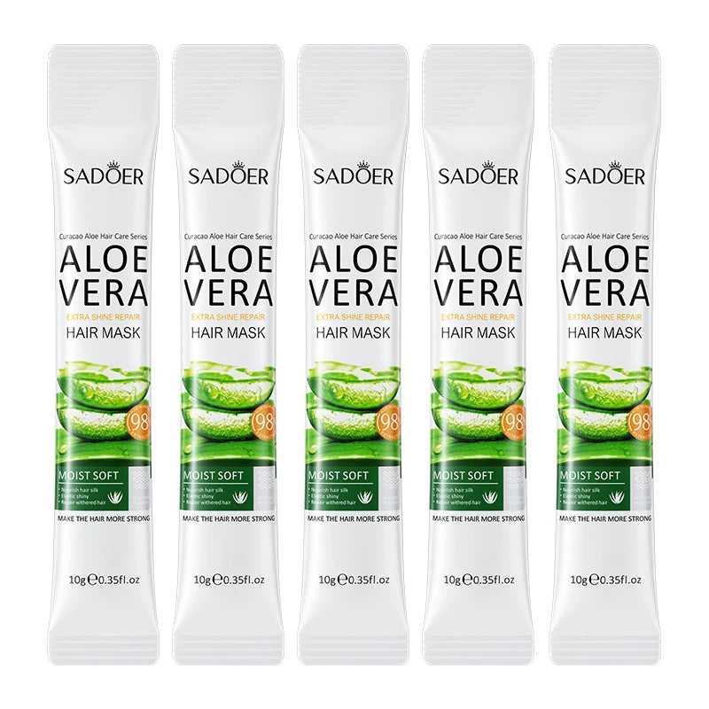 Lot de cinq sachets individuels du masque capillaire Sadoer à l’Aloe Vera, idéal pour hydrater, réparer et assouplir les cheveux secs, abîmés ou ternes