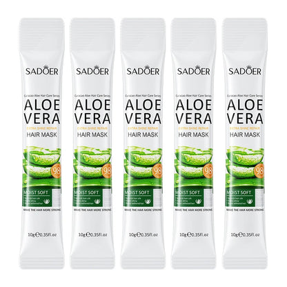 Lot de cinq sachets individuels du masque capillaire Sadoer à l’Aloe Vera, idéal pour hydrater, réparer et assouplir les cheveux secs, abîmés ou ternes