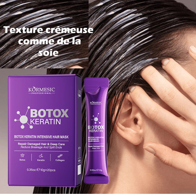 Masque capillaire Botox Keratin Kormesic à texture crémeuse effet soie, soin lissant et réparateur pour cheveux brillants et nourris.