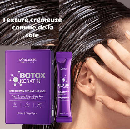 Masque capillaire Botox Keratin Kormesic à texture crémeuse effet soie, soin lissant et réparateur pour cheveux brillants et nourris.