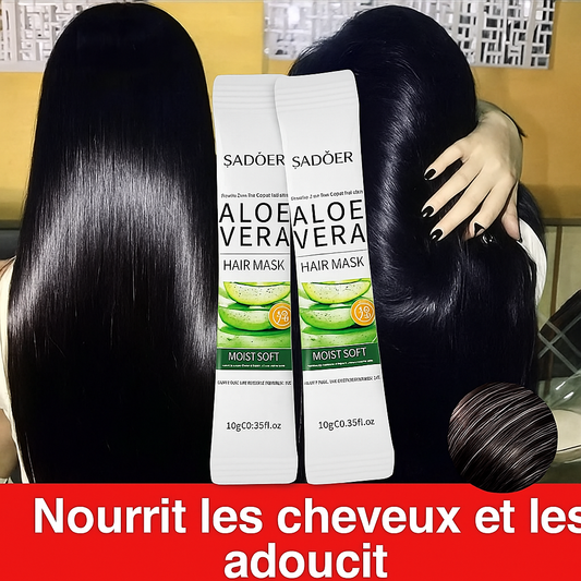 Masque capillaire à l’Aloe Vera, montrant des cheveux secs avant utilisation et des cheveux lisses, brillants et nourris après application
