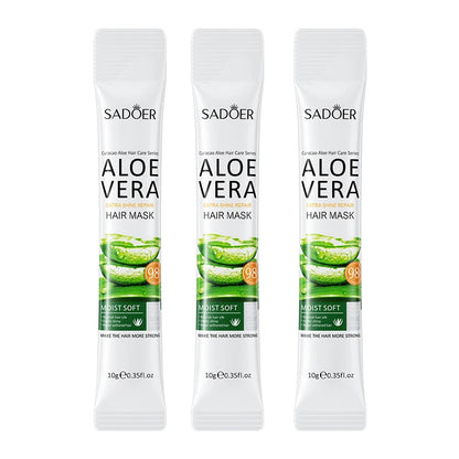 Lot de trois sachets individuels de masque capillaire Sadoer à l’Aloe Vera, conçu pour hydrater, réparer et adoucir les cheveux secs et abîmés