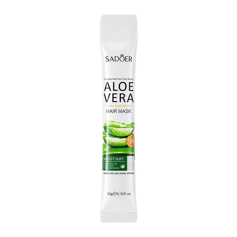 Sachet individuel du masque capillaire Sadoer à l’Aloe Vera, conçu pour réparer, hydrater et adoucir les cheveux secs et abîmés