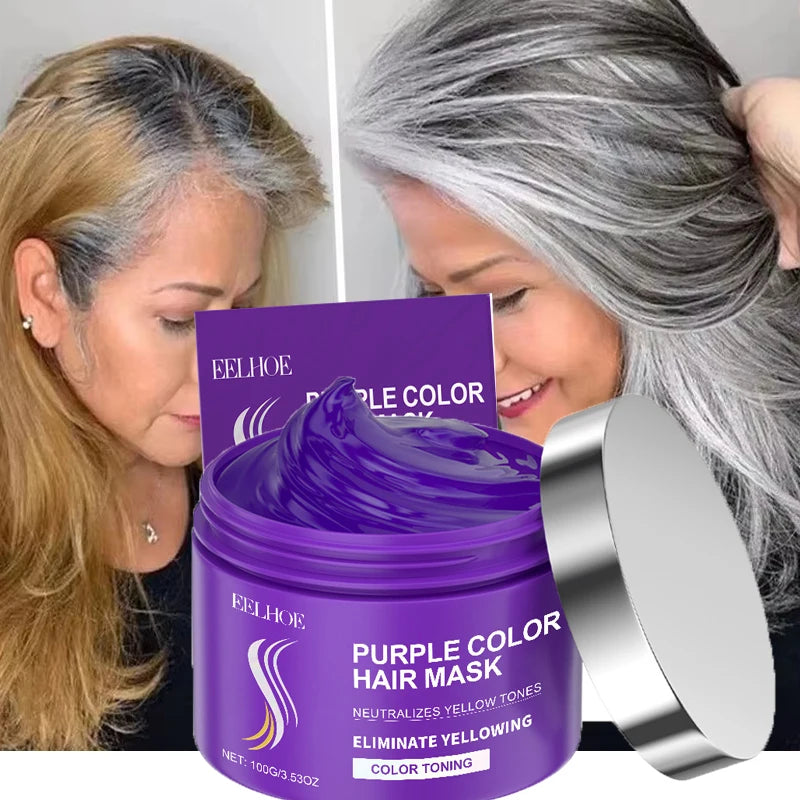 Masque violet correcteur de couleur neutralisant les reflets jaunes, avant/après sur cheveux blonds et gris