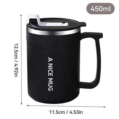 Mug isotherme noir en acier inoxydable 304 de 450 ml avec poignée et couvercle, dimensions 12,5 cm de hauteur et 11,5 cm de largeur, design moderne et pratique.