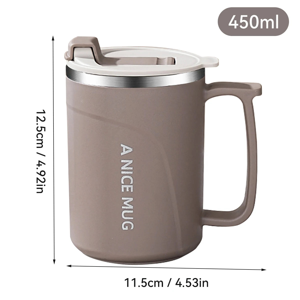 Mug isotherme en acier inoxydable 304 de 450 ml avec poignée, dimensions 12,5 cm de hauteur et 11,5 cm de largeur, design pratique avec couvercle.