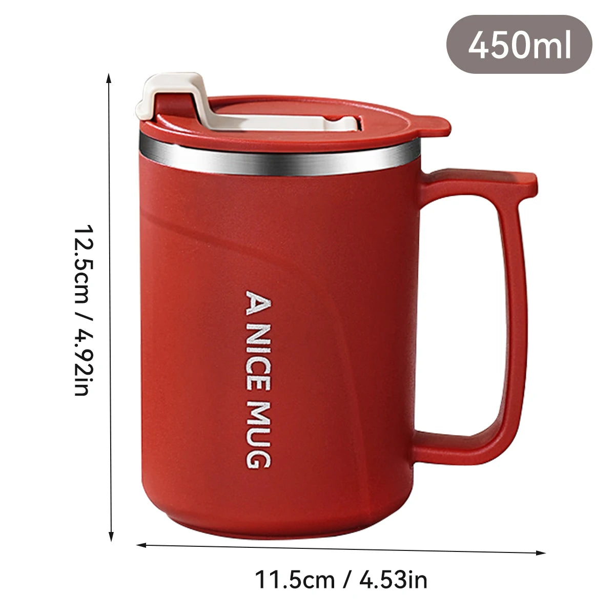 Mug isotherme rouge en acier inoxydable 304 de 450 ml avec poignée et couvercle, dimensions 12,5 cm de hauteur et 11,5 cm de largeur, design moderne et pratique.